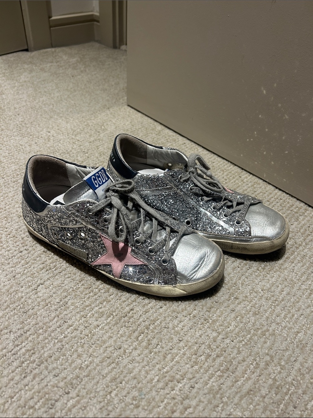 Great Condition Golden Goose Silver Glitter Sneakers with Pink Star Accent